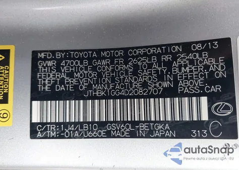 2013 Lexus Es 350 z USA, uszkodzony, nr VIN JTHBK1GG4D2082707